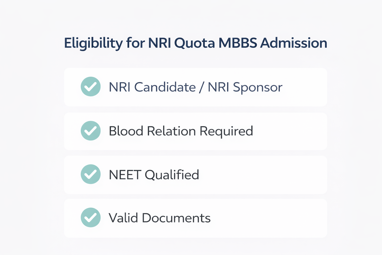 Checklist showing eligibility criteria for NRI quota MBBS admission including NRI candidate or sponsor, blood relation requirement, NEET qualification, and valid documents.